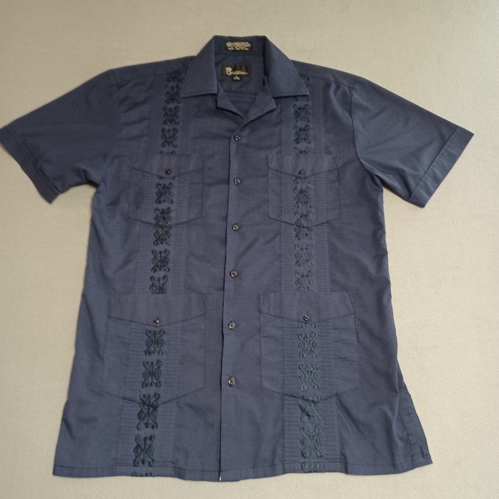 Omega Fashion Mens Guayabera Shirt Navy Blue Short Sleeve Embroidered Small 14.5